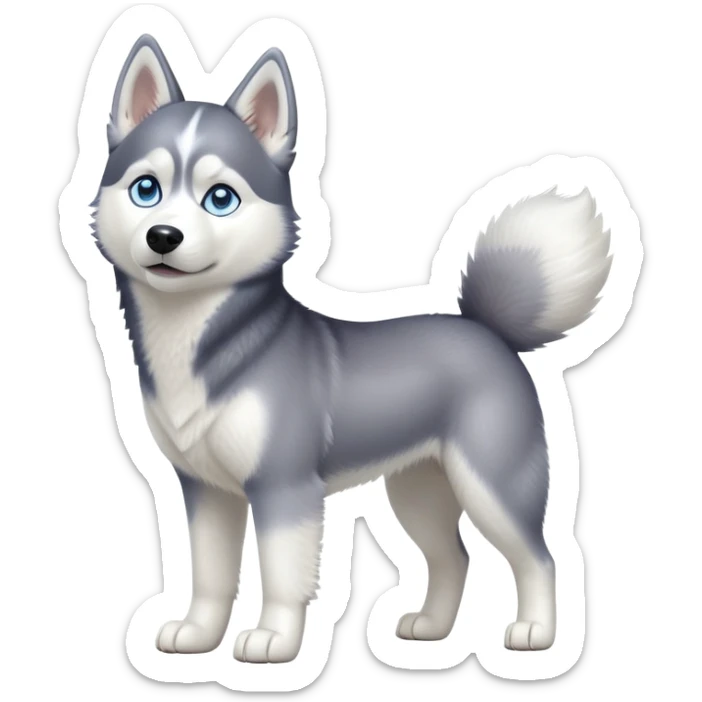 cinematic-[siberian husky]-realistic-full-body-standing-emoji,-tail-resting-loosely-beside-its-paws,blue eyes-head-tilted-dramatically, -fluffy-[grey and white]-fur,-simplified-yet-realistic-focused-features,-highly-detailed,-glowing-with-an-almost-sarcastic-glow sticker
