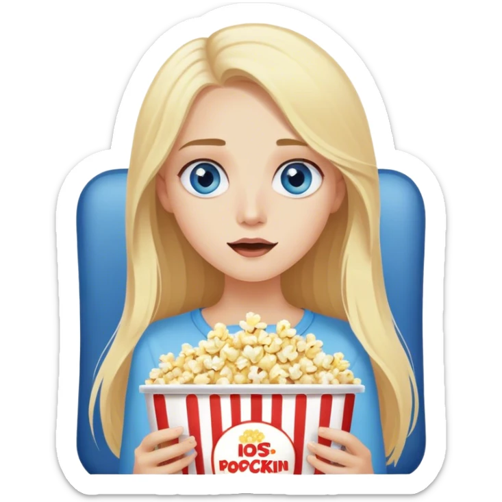 Cinematic realistic blonde with long hair, blue eyes watching TV and eating popcorn sticker