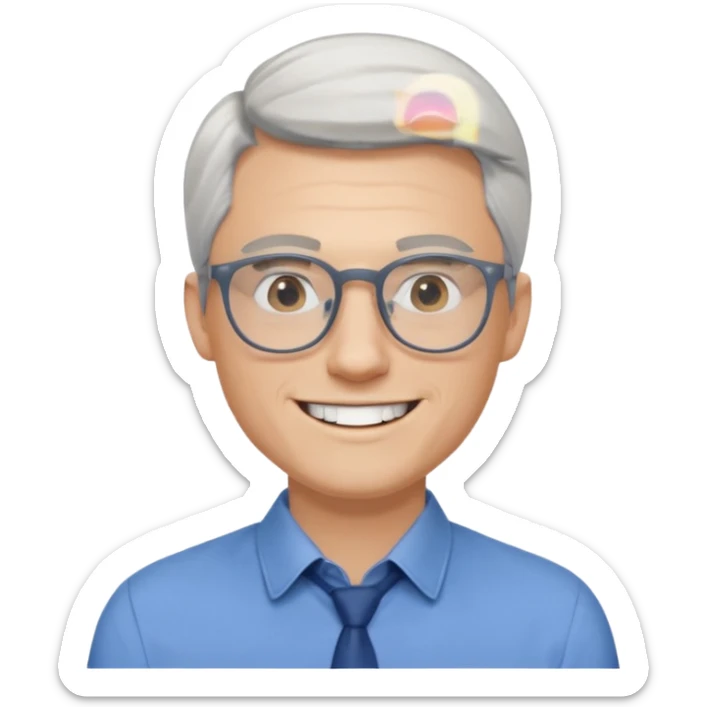30 yr old pale white man, white/grey side swept stylish hair, round glasses, big smile, white teeth, handsome, longer hair, thin glasses, blue dress shirt sticker