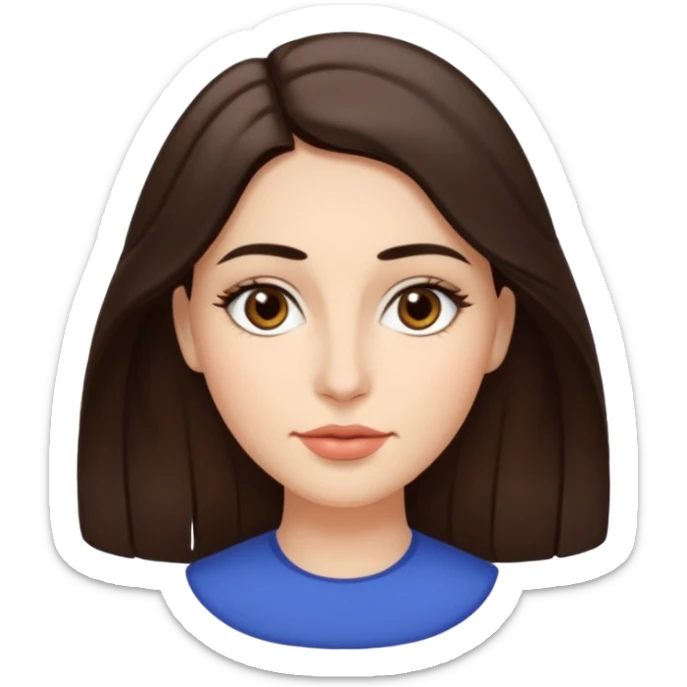 A woman emoji with fair skin, slightly wavy dark brown hair parted in the middle, an oval-shaped face, arched dark eyebrows, almond-shaped brown eyes, a small straight nose, and full lips. sticker