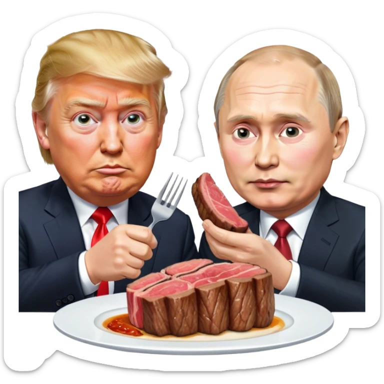 photorealistic Donald Trump and Putin eating a steak shaped like an piece of land sticker
