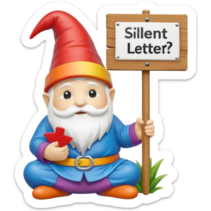 A zen rainbow garden gnome, holding sign "Silent Letter Day, who's with me?” sticker