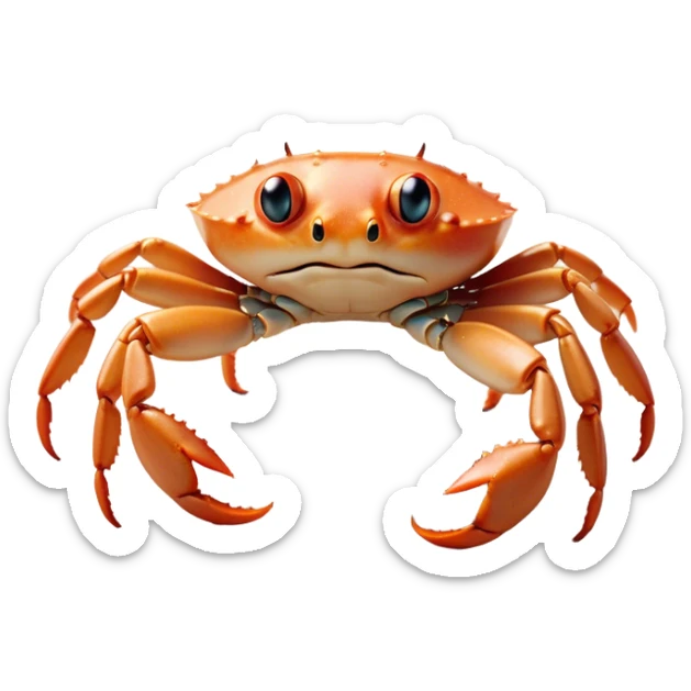 Cinematic Noble Baby Crab Portrait Emoji, Poised and curious, with a small, delicate carapace in vibrant hues, tiny, alert eyes on short stalks, and miniature, intricately detailed pincers, Simplified yet sharp and sophisticated features, highly detailed, glowing with a soft, coastal radiance, high shine, intelligent and determined, stylized with an air of seaside authority, focused and attentive, soft glowing outline, capturing the essence of a watchful and confident juvenile crustacean that appears ready to scuttle out of the screen with effortless charm! sticker
