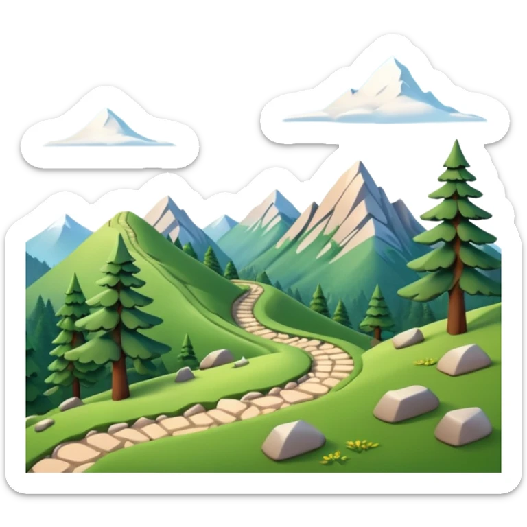 A 3D cartoon mountain trail winding up green slopes with stones and pine trees, distant peaks in background, warm daylight, Memoji-style. sticker