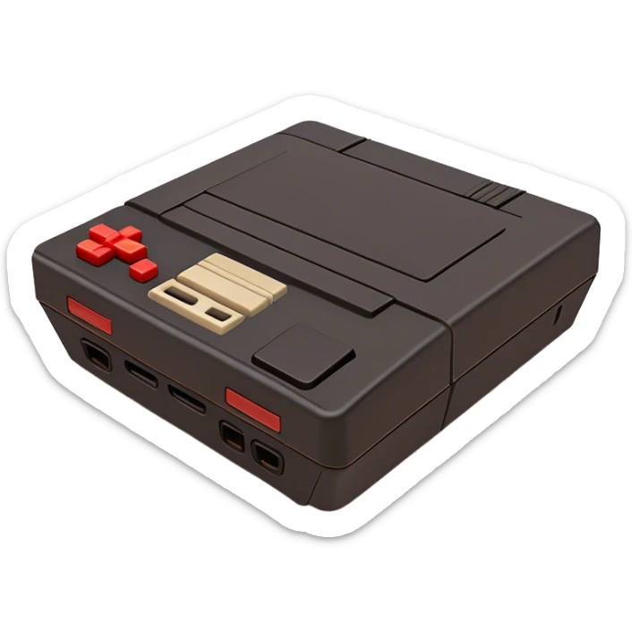 Clash of Clans aesthetic: Cinematic Playful NES Console Portrait Emoji, rendered in a 3D vector-style similar to standard emojis with minimal shading and bold, simplified shapes. A compact, distinct form with signature details, softly glowing with a nostalgic gaming charm. Simplified yet unmistakably iconic, highly detailed and consistent, glowing with a soft radiance and high shine. Stylized with a touch of retro gaming magic and a soft glowing outline, capturing the essence of a beloved gaming relic with a friendly, playful manner! sticker
