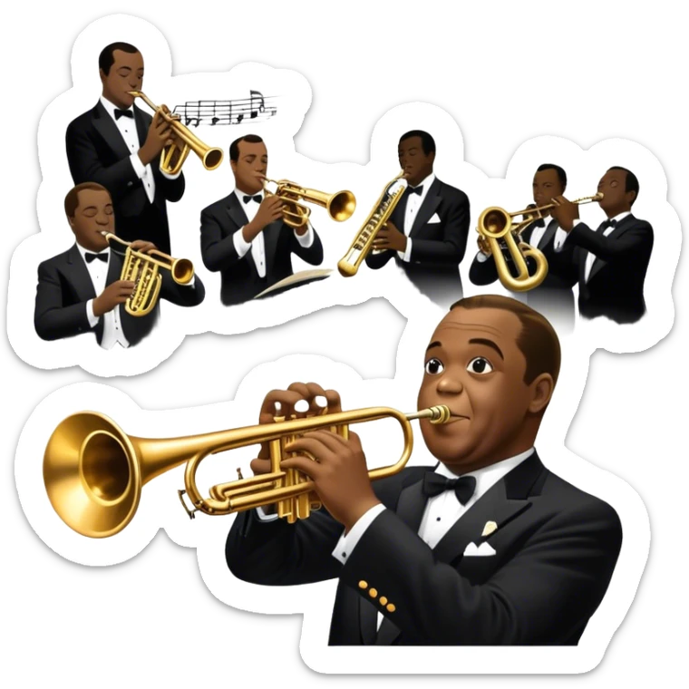 Icon for Jazz Music: collage of Louis Armstrong with his trumpet and Glenn Miller with his orchestra. Silhouettes of musicians, brass instruments, and musical notes. The design should convey the classic, smooth vibe of jazz. Transparent background. sticker