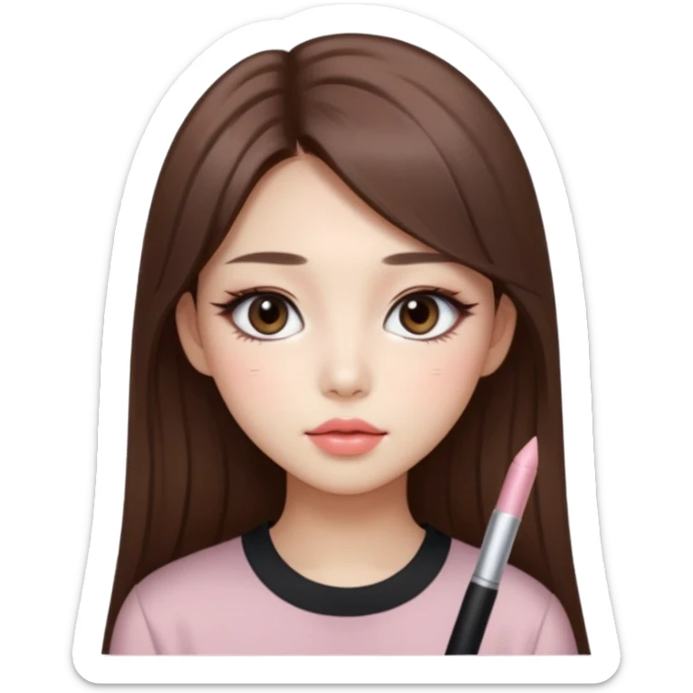 “korean straight long brown hair Emoji girl, soft eyeliner and blush, gradient lips, light brown shimmer eyeshadow sticker