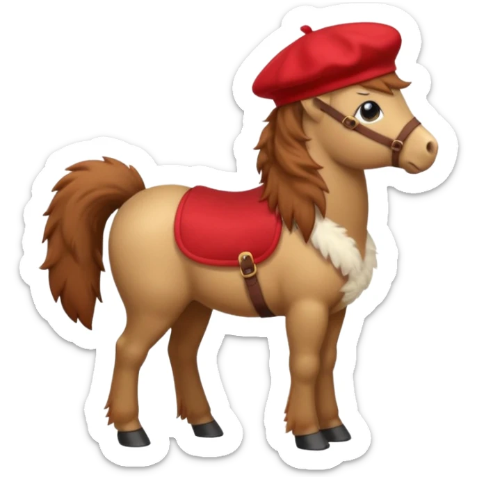 A cute pony (horse) emoji, full body, standing in side view, wearing a stylish red beret. sticker
