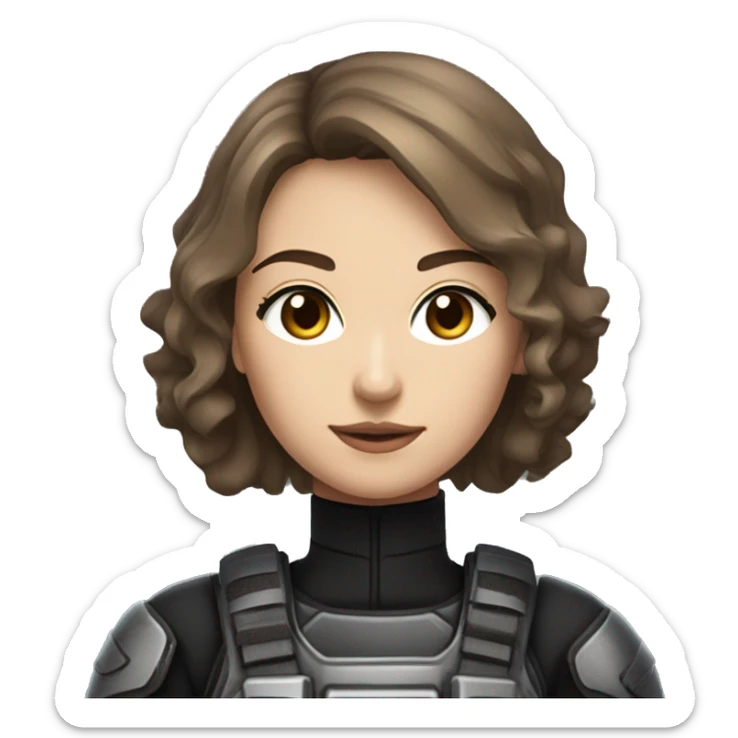 A young woman with a petite and slender build, pale, hazel eyes, and brown hair with a silver strand. She’s wearing black, tactical battle gear. sticker