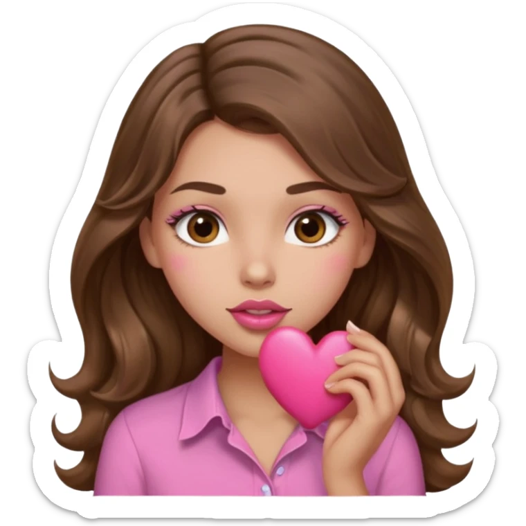 girl with long wavy brown hair, brown eyes, light to medium complexion, in a pink shirt, pink lips, long lashes, sexy , puckering, blushing, kissing a heart sexy sticker