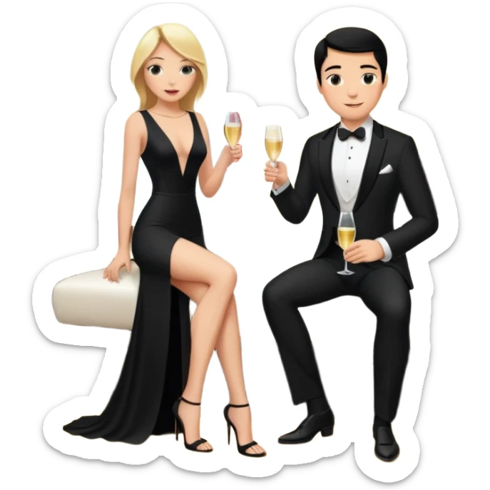 Blonde woman, black, Long, tight, sleveless Dress, Slot left Leg, man, DARK Hair, in Dinner jacket, Background bedroom, drinking champaign sticker