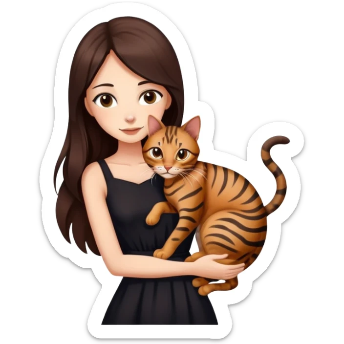 Beautiful skinny woman long dark brown hair in dark dress hug bengal cat sticker