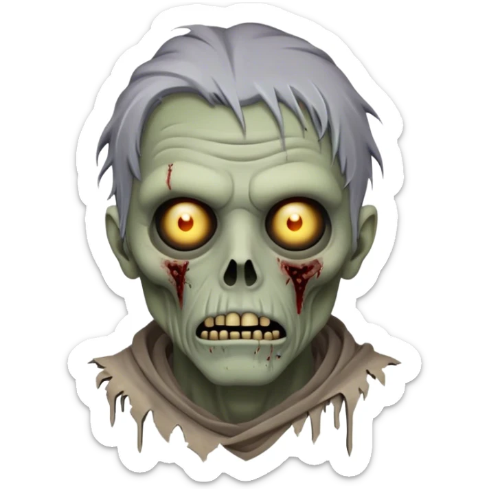 Cinematic Noble Zombie Portrait Emoji, Surprisingly dignified and somber, with a decaying yet strangely regal visage in ashen grays and muted tones, draped in tattered attire hinting at a lost grandeur, simplified yet meticulously detailed, glowing with a soft, eerie radiance and a gentle outline that evokes the tragic nobility of the undead! sticker