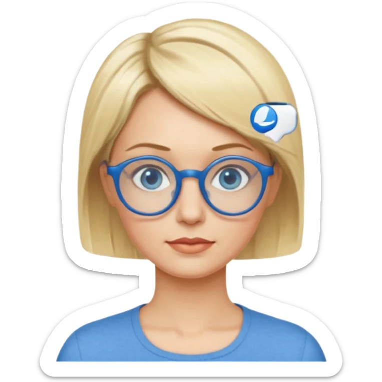 femme 40 ans cheveux garçon blond avec raie sur le coté, yeux bleu et lunettes rondes bleues sticker