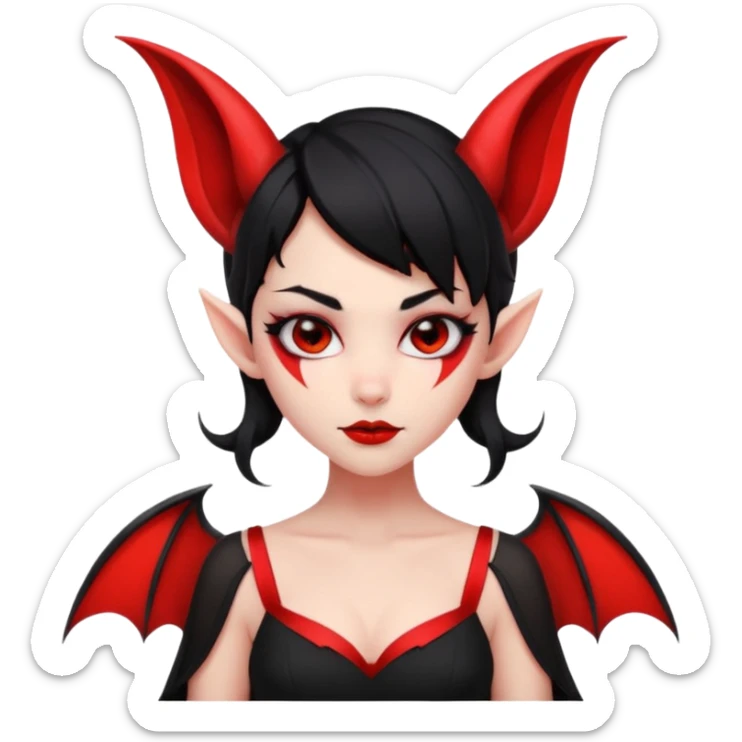 demon girl, skin red (no pale/blush), black hair, small horns, pointed ears, bat wing, black open-back dress, bold black outlines, red+black palette sticker