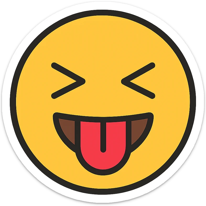 emoji face with eyes squeezed shut in excitement, mouth open in a wide smile, tongue reaching up to the top lip, modern icon style sticker