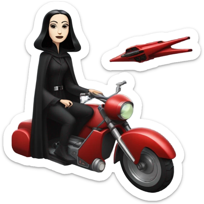 Jedi teen Morticia Addams flying a red Zephyr-J antigravity speeder bike Sith speeder sticker