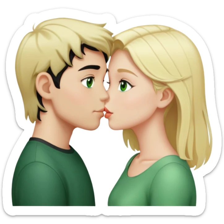 Kissing couple of boy with short black hair and green eyes and blonde girl with long hair sticker