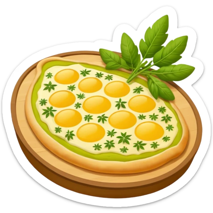 Georgian cuisine avatar in bright emoji-style illustration. Khachapuri and herbs, rich golden and green colors, simple shapes, flat design, strong character. Without human sticker