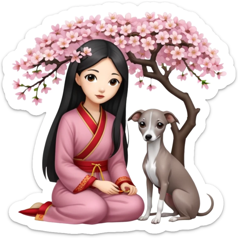 A young Chinese girl with long black hair and a dark grey Italian Greyhound with absolutely no white marks on its body or nose sitting under a cherry blossom tree sticker
