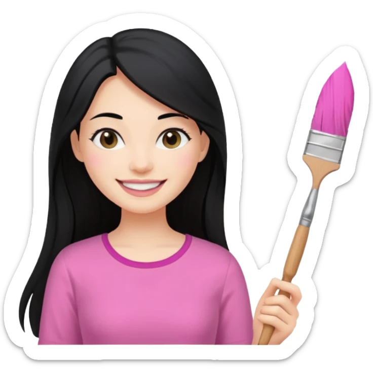 Painting women. smilling   Long black hair,  lunette peinture top pink, pinceau sticker