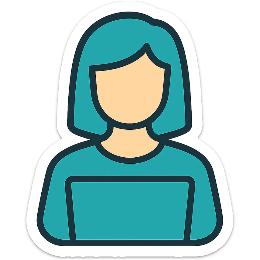 Icon style illustration of a teal woman at a laptop, simple, clean, minimal design, matching the reference image. sticker