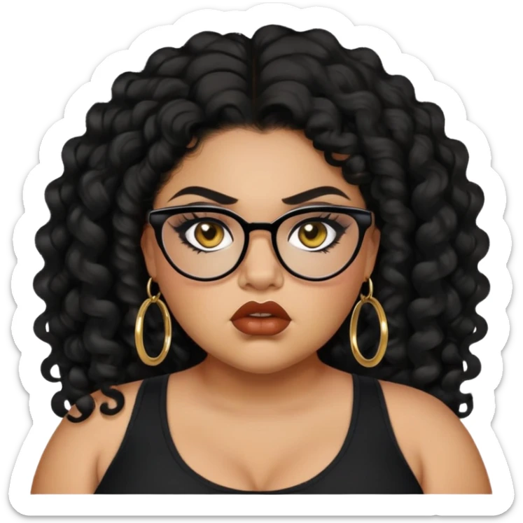 angry, teen big plus size, latina, darker tan skin, natural lipgloss, small gold hoops, long black curly hair, baddie,pretty, makeup, black eyeliner, black top, black glasses sticker