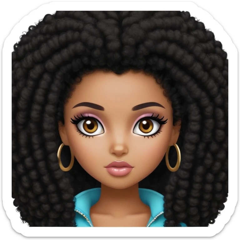 pretty bratz girl, dark black big afro, dark brown eyes, y2k fashion, black eyeliner, deep brown skin sticker