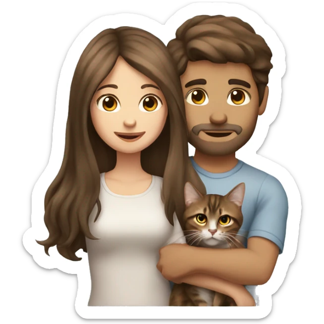 Long Brown hair girl and brown hair man holding tabby cat long hair  sticker