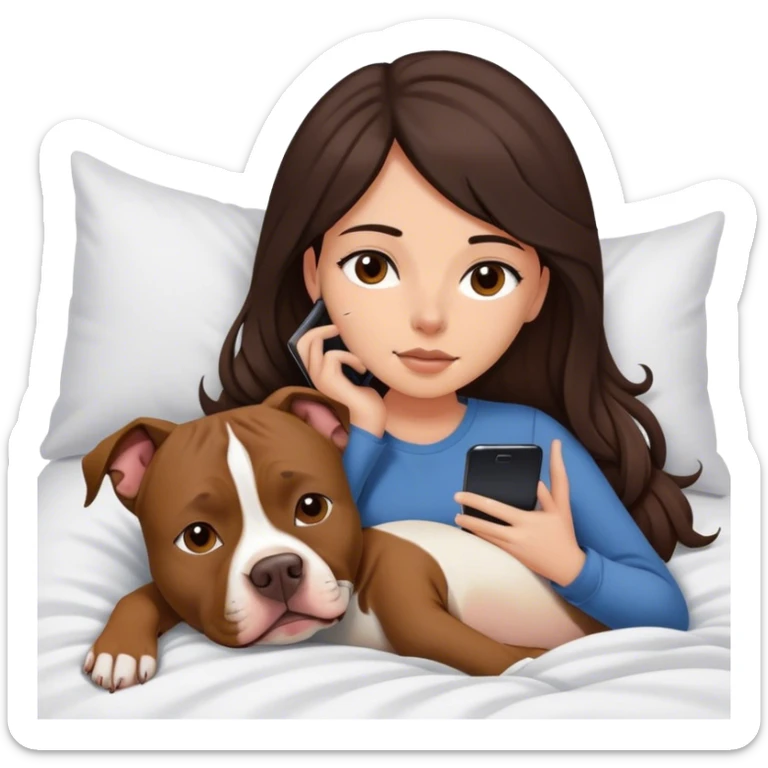 Girl long dark brown hair in layers cascading  down her face lays bed with her cell phone and her brown pit bull lays guarding her sticker