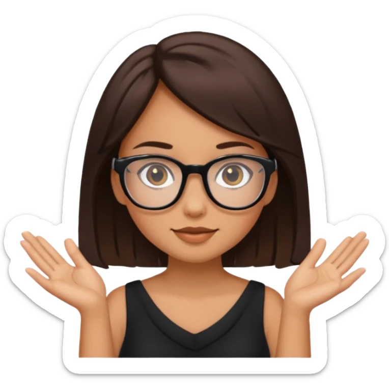 a cute brunette girl in a black dress wearing glasses  with two hands  sticker