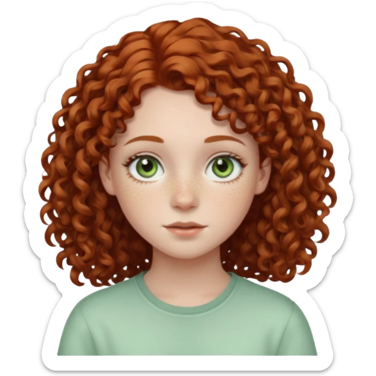 pale teen girl with light green eyes and freckles that has curly auburn hair in a middle part sticker