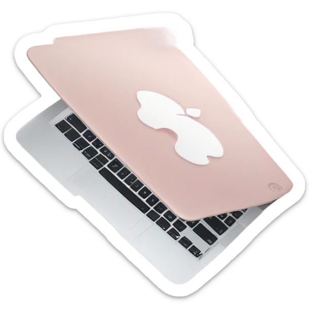 A sleek and modern MacBook Air laptop in a soft pastel pink color. The Apple logo on the back of the screen is white, contrasting elegantly with the pink finish. The laptop is slightly open, showing a glimpse of the white keyboard and silver edges. The design is minimalist and stylish, reflecting a premium aesthetic. sticker