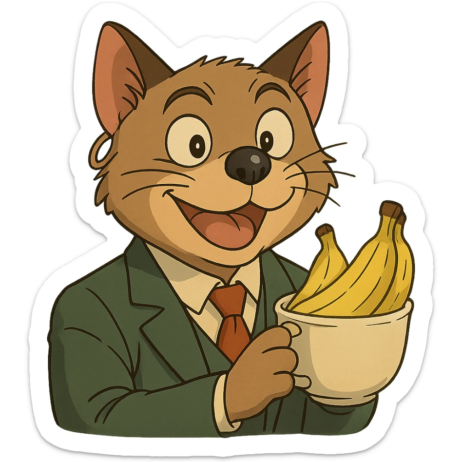ghibli style cat with a dog nose, wearing a suit, earring, holding a cup of bananas, playful expression sticker