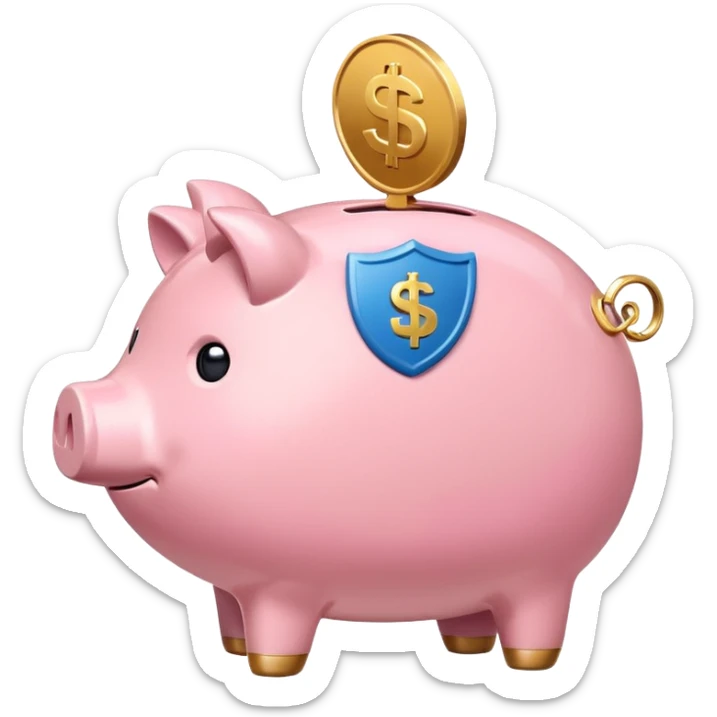 A clean and simple emoji-style icon: A stylized piggy bank with a coin dropping into it from above. Next to the piggy bank, a small shield symbolizing security and protection. Minimal details, rounded shapes, bright flat colors, consistent with standard emoji design. sticker