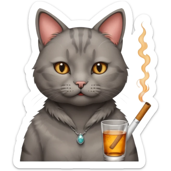 hazme a un gato fumando cigarro mientras toma alcohol y está depre sticker