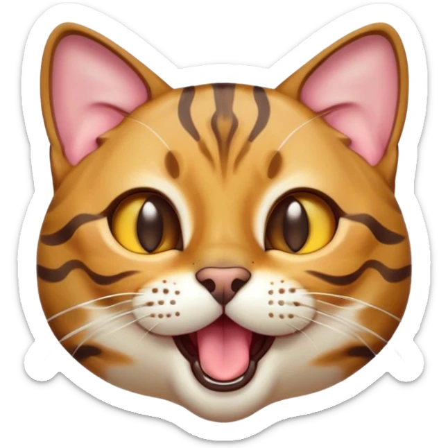 Cinematic Cute Bengal Cat Portrait Emoji, Head tilted playfully and yawning, sleek spotted brown and gold tones, Simplified yet adorable features, highly detailed, glowing with a warm, friendly glow, high shine, curious and affectionate, stylized with a touch of whimsy, bright and alert, soft glowing outline, capturing the essence of a mischievous yet loving kitten, so endearing it feels like it could leap out of the screen and stretch! sticker