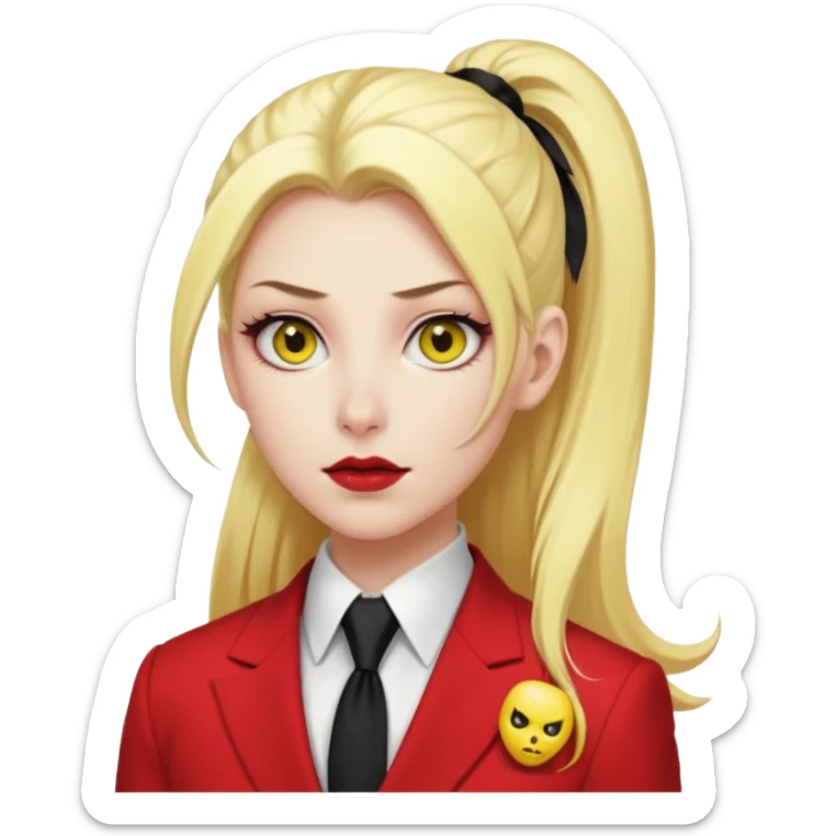 Woman with porcelain white skin, thick blonde hair that's in a thick, long ponytail, has a black nose, yellow scleras, red pupils, and a red suit with a black tie. Demon sticker