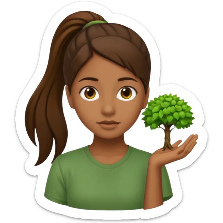 Make a zumba coach emoji, brown eyes, brown hair girl, green shirt withe "the roots" on it, longer pony tail hair sticker