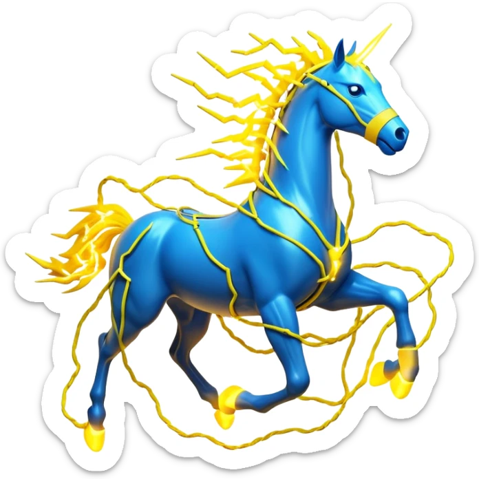 3D yellow electric horse made of lightning bolts, yellow electric wires, blue electricity sparks, dynamic running pose sticker