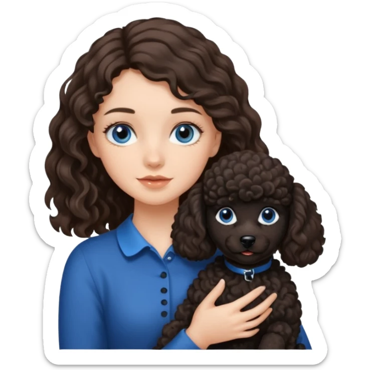 Brunette girl with long wavy hair and blue eyes holding one black puppy poodle with brown eyes. No decoration on the dog.  sticker