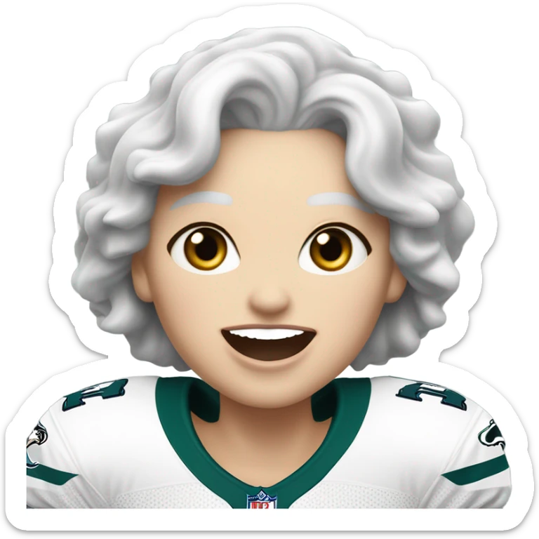 White female older female light skin light lips white hair short hair wavy hair blue-green eyes wearing Philadelphia eagles jersey cheering sticker