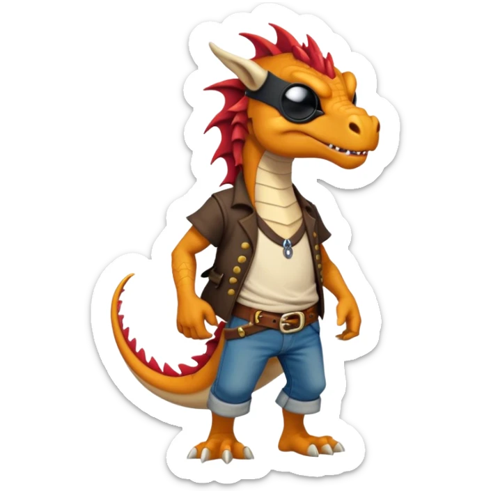 friendly anthropomorphised dragon in a band t-shirt and jeans wearing a pirate eye-patch walking upright sticker