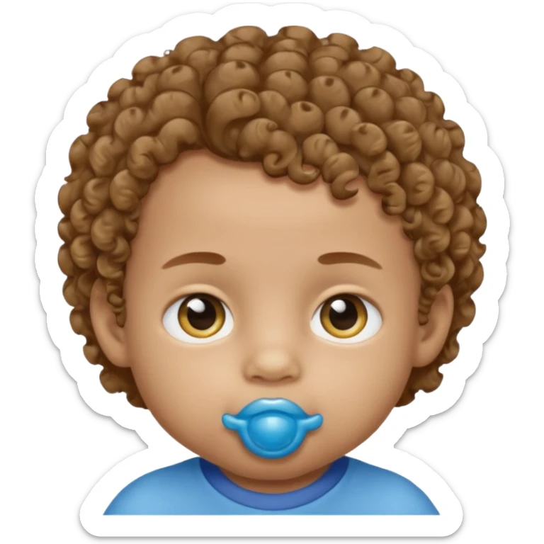 A boy baby with light brown skin, soft curly light-brown hair, wide brown eyes, and a blue-yellow pacifier.  sticker
