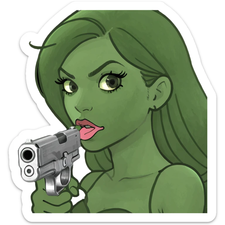 A girl with long eyelashes like an emoji with a hand holding a gun in her mouth ￼ sticker