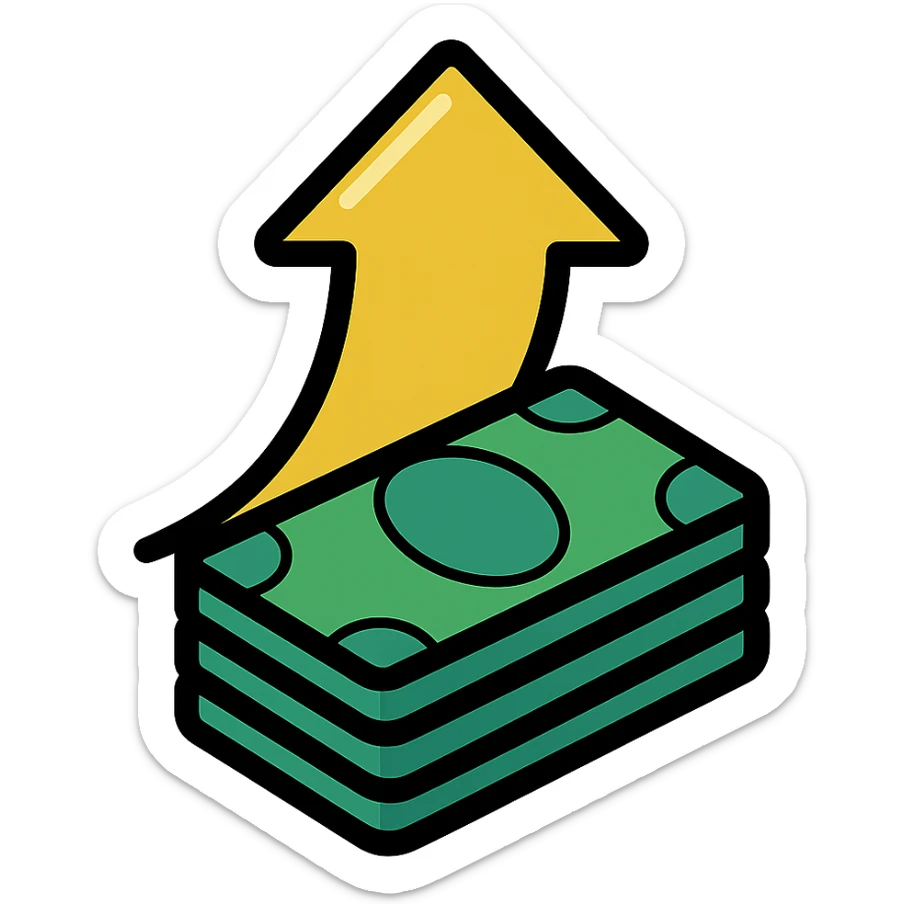 shiny gold arrow pointing upward with a pile of green bills, energetic, modern look, icon style sticker