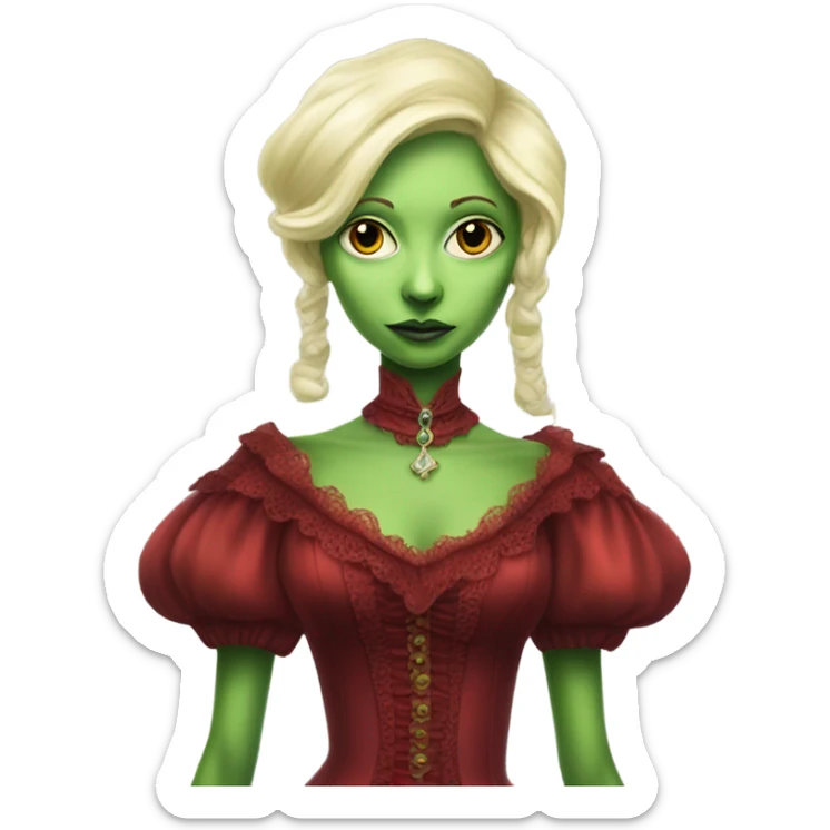 "galora green blonde alien woman" in red Victorian dress red elegant, full body sticker