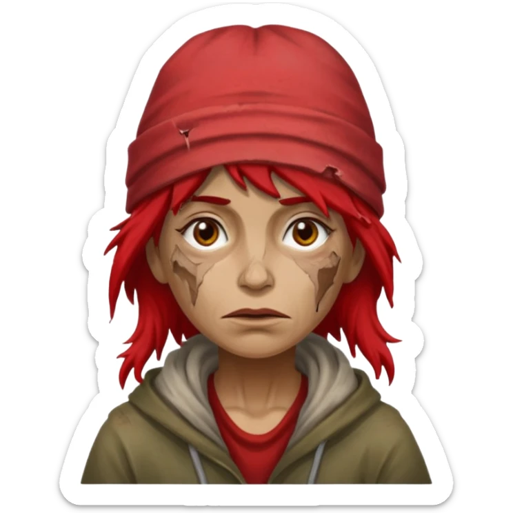 very dirty looking homeless woman with ripped red hat with ugly hair sticker