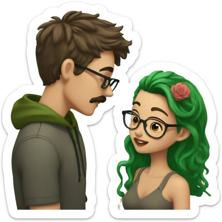 A heavy set boy with brown hair and a mustache is kissing a green haired girl who is thin and wearing glasses both have tattoos sticker
