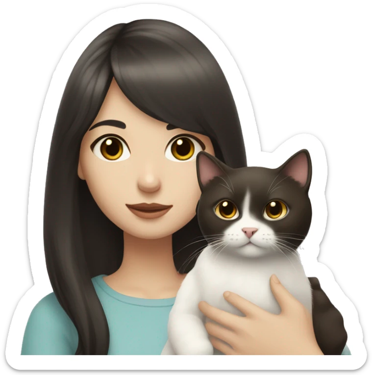 A pale girl with dark brown hair and dark brown eyes and bangs holds a white cat in her hands and looks at cat sticker